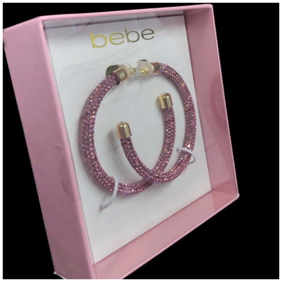 bebe Pink Rhinestone Studded Hoop Earrings - Picture 5 of 10